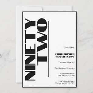 Modern Minimalist 92nd Birthday Black and White Invitation