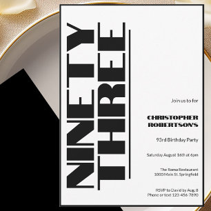 Modern Minimalist 93rd Birthday Black and White  Invitation