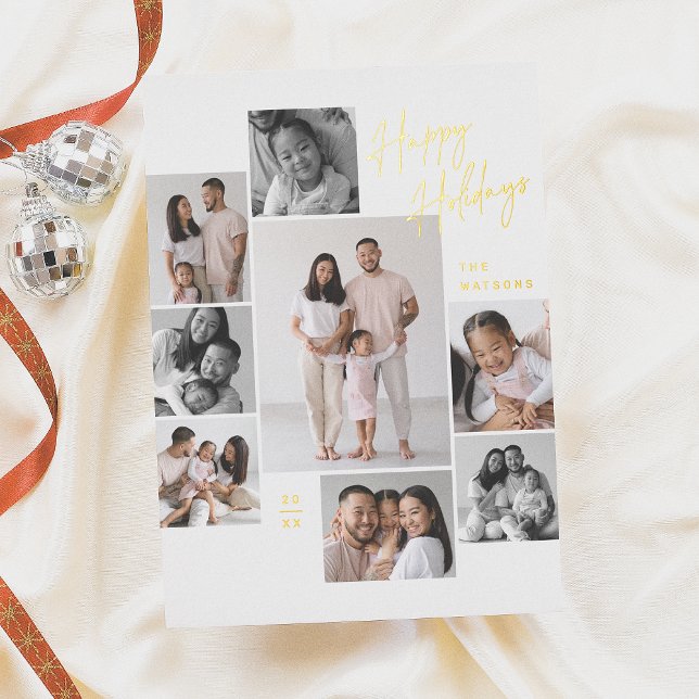 Modern Minimalist 9 Photo Collage Christmas Foil Holiday Card (Creator Uploaded)