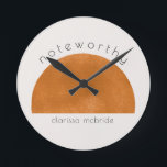 Modern Minimalist Abstract Sun Personalised  Round Clock<br><div class="desc">design features a modern abstract brilliant sun shape with the word Noteworthy in a modern typography block script.  Easily customise your name of choice.  Ideal keepsake and memories gift for all occasions.</div>