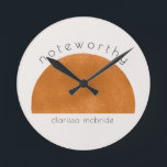 Modern Minimalist Abstract Sun Personalised  Round Clock<br><div class="desc">design features a modern abstract brilliant sun shape with the word Noteworthy in a modern typography block script.  Easily customise your name of choice.  Ideal keepsake and memories gift for all occasions.</div>
