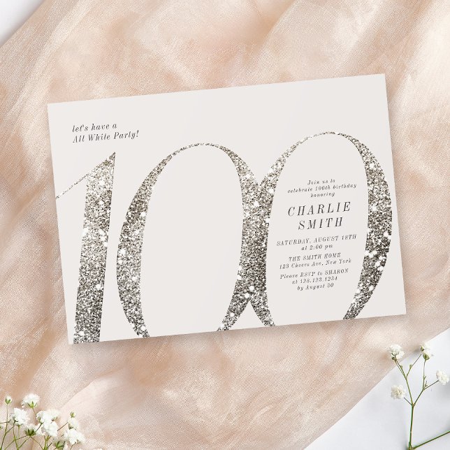 Modern minimalist all white party 100th birthday invitation (Modern minimalist all white party 100th birthday invitation)