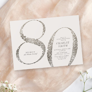 Modern minimalist all white party 80th birthday invitation