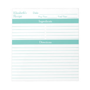 Modern Minimalist Aqua Personalised Recipes Notepad