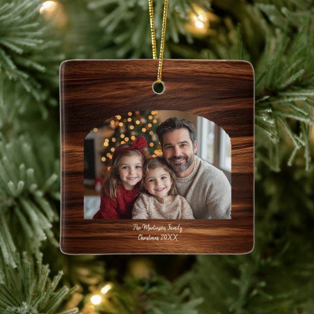 Modern Minimalist Arch Family Photo Woodgrain  Ceramic Ornament (Tree)