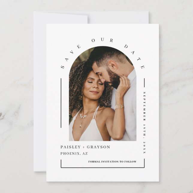 Modern Minimalist Arch Photo QR Code Save Our Date Invitation (Front)