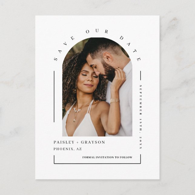 Modern Minimalist Arch Photo QR Code Save Our Date Postcard (Front)