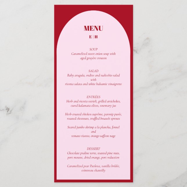 Modern Minimalist Arch Pink Red Wedding Menu (Front)