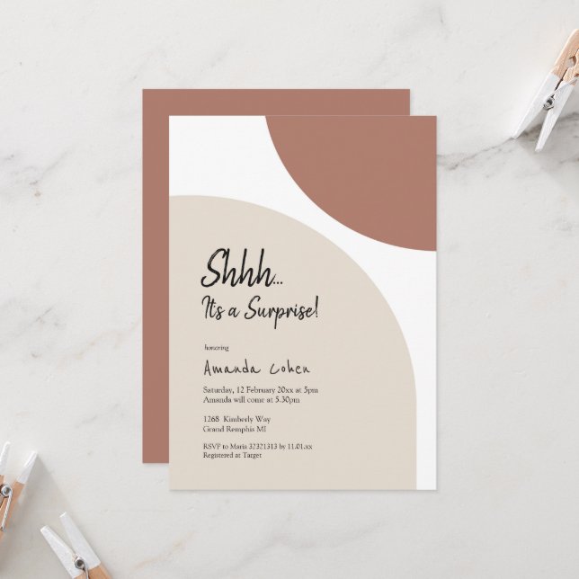 Modern Minimalist Arch Surprise Birthday Invitation (Front/Back In Situ)