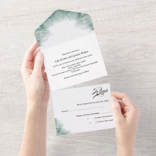 Modern Minimalist Artistic Green Abstract Wedding All In One Invitation