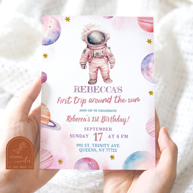 Modern Minimalist Astronaut Girl's First Birthday Invitation (Creator Uploaded)