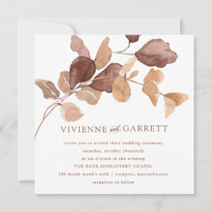 Modern Minimalist Autumn Eucalyptus Leaves Wedding Invitation