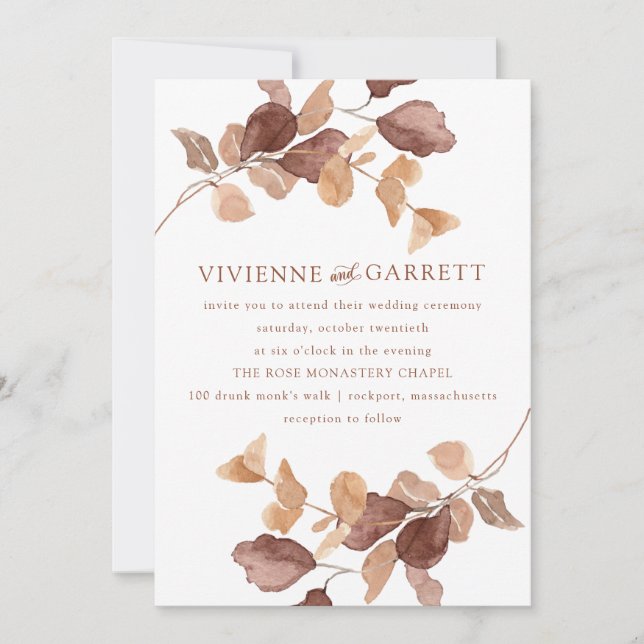 Modern Minimalist Autumn Eucalyptus Leaves Wedding Invitation (Front)
