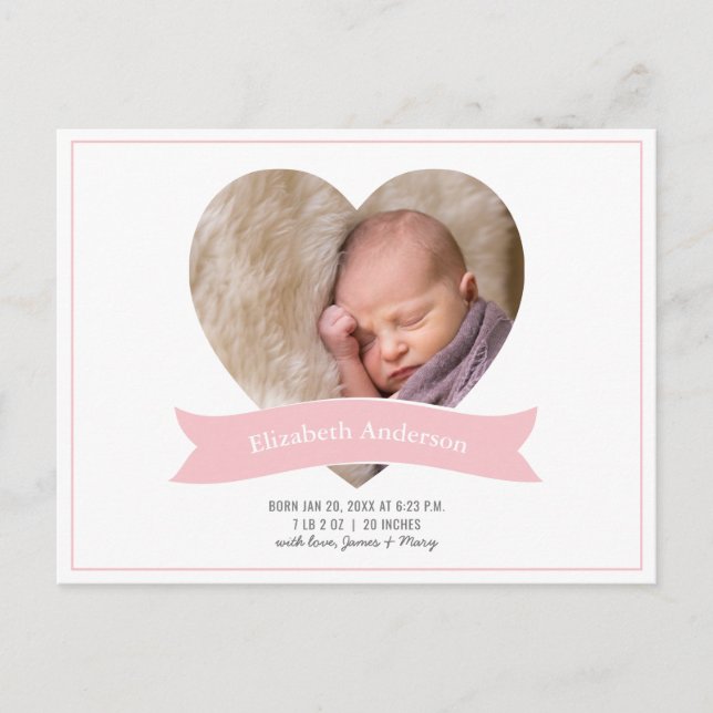 Modern Minimalist Baby Girl Photo Pink Birth Announcement Postcard (Front)