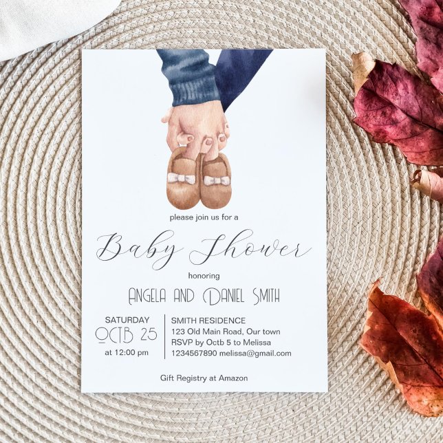 Modern minimalist baby shoe baby shower invitation (Modern minimalist baby shoe parents holding hands baby shower template invitation instant download)