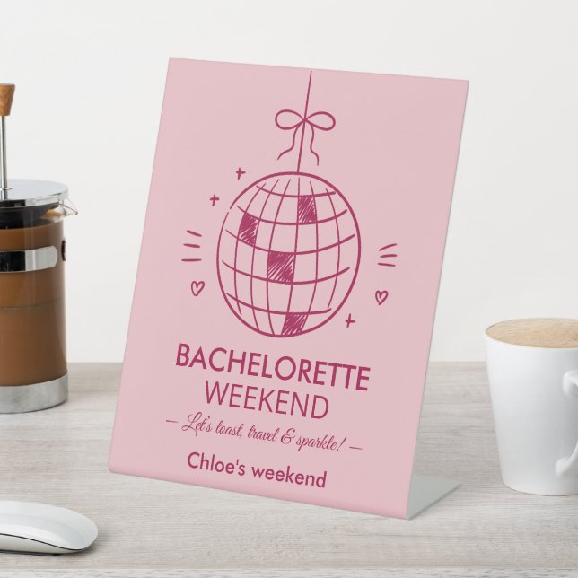 Modern Minimalist Bachelorette Weekend | Pink Pedestal Sign (In SItu)