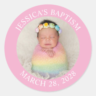 Modern Minimalist Baptism Circle Photo Pink Classic Round Sticker
