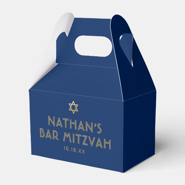 Modern Minimalist Bar Bat Mitzvah Blue Gold Favour Box (Front Side)