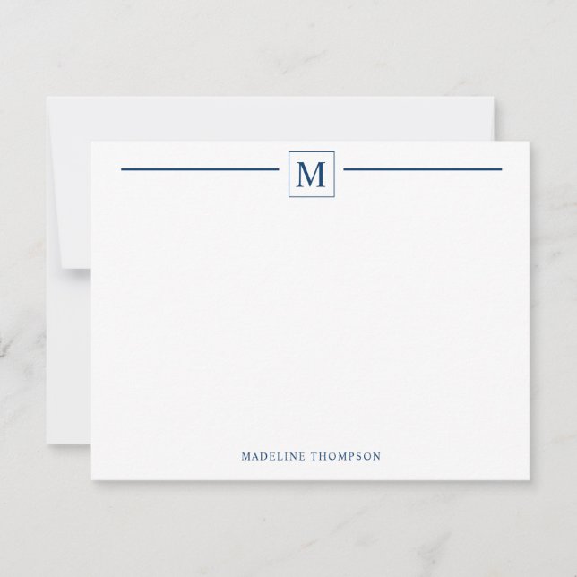 Modern Minimalist Basic Navy Blue Monogram Line Card (Front)
