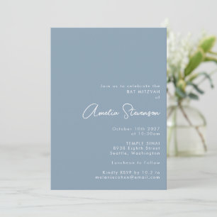 Modern Minimalist Bat Mitzvah Script Dusty Blue Invitation