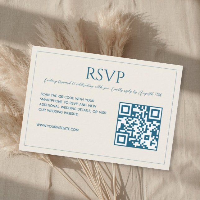 Modern minimalist beige blue QR code wedding  RSVP Card (Creator Uploaded)