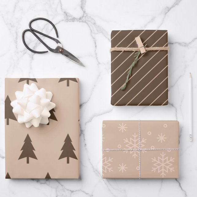 Modern Minimalist Beige & Brown Christmas Pattern Wrapping Paper Sheet (Front)