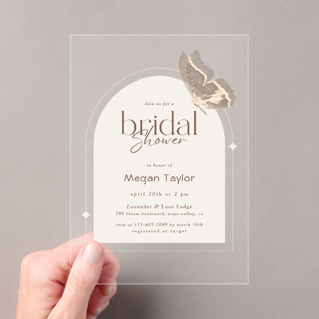 Modern Minimalist Beige Butterfly Bridal Shower Acrylic Invitations (Insitu (Handheld))