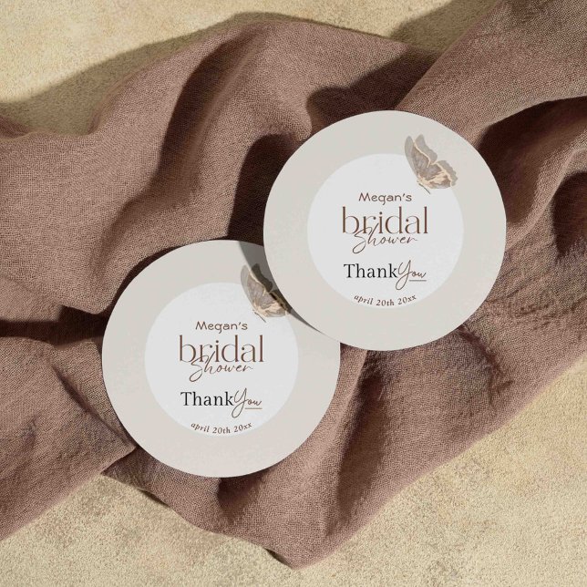 Modern Minimalist Beige Butterfly Bridal Shower Classic Round Sticker (Creator Uploaded)