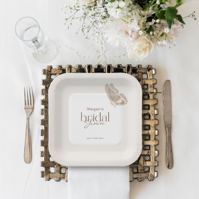 Modern Minimalist Beige Butterfly Bridal Shower Paper Plate (Creator Uploaded)
