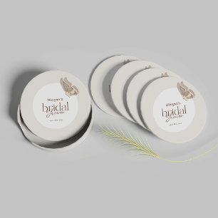 Modern Minimalist Beige Butterfly Bridal Shower Round Paper Coaster