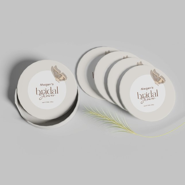 Modern Minimalist Beige Butterfly Bridal Shower Round Paper Coaster (Creator Uploaded)