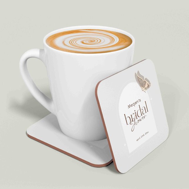 Modern Minimalist Beige Butterfly Bridal Shower Square Paper Coaster (Creator Uploaded)