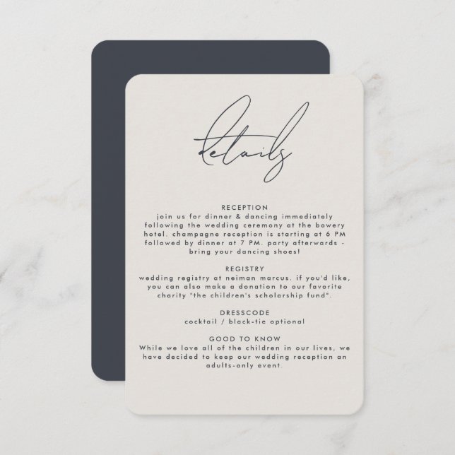 Modern Minimalist Beige Calligraphy Wedding Detail Enclosure Card (Front/Back)