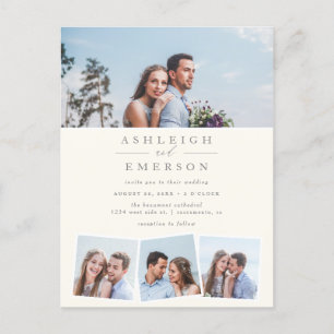 Modern Minimalist Beige Photo Collage Wedding Invitation Postcard