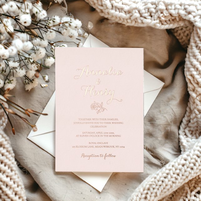 Modern Minimalist Beige Rose Gold Line Art Wedding (beige background modern minimalist wedding invitation card with rose gold foil lettering  )