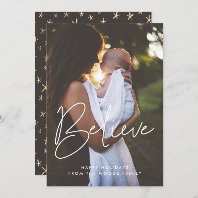 Modern Minimalist Believe Inspirational Photo Holiday Card (Front/Back)