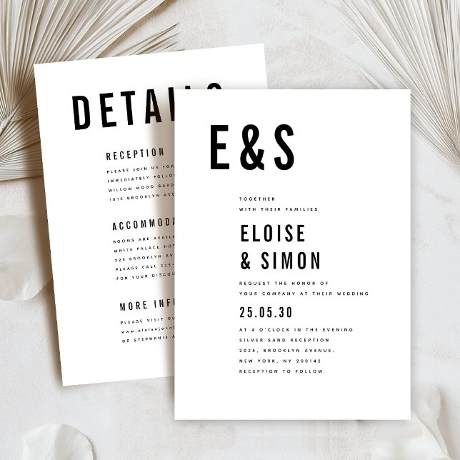 Modern Minimalist Big Bold Monogram Detail Wedding Invitation (Modern minimalist bold initials typography  details wedding invitation)