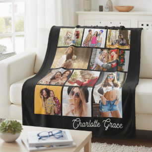 Modern Minimalist Black 10 Photo Collage With Name Fleece Blanket