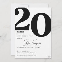 Modern minimalist black 20th birthday invitation