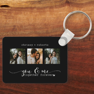 Modern Minimalist Black 3 Photo Script Collage Key Ring