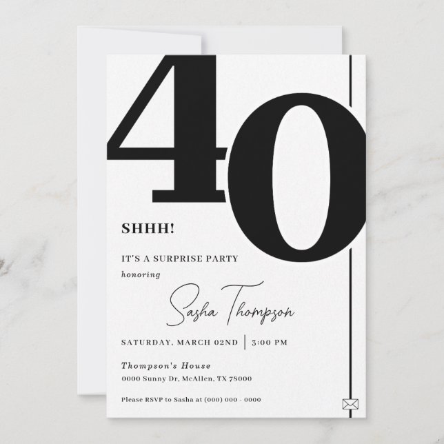Modern minimalist black 40th birthday invitation (Front)
