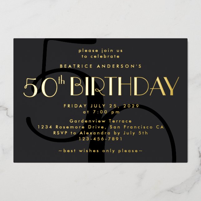Modern Minimalist Black 50th Birthday Gold (Front)