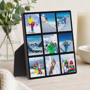 Modern Minimalist Black 9 Photo Grid Collage Plaque