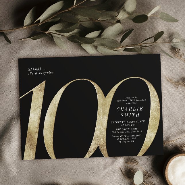 Modern minimalist black and gold 100th birthday invitation (Modern minimalist black and gold 100th birthday invitation)