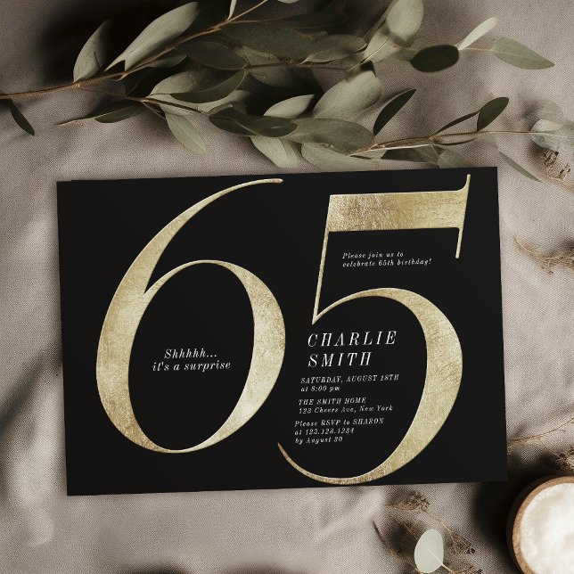 Modern minimalist black and gold 65th birthday invitation (Modern minimalist black and gold 65th birthday invitation)