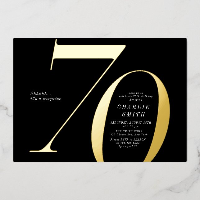 Modern minimalist black and gold 70th birthday (Front)