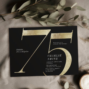 Modern minimalist black and gold 75th birthday invitation