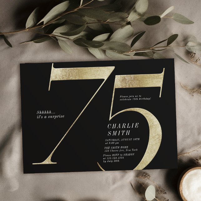 Modern minimalist black and gold 75th birthday invitation (Modern minimalist black and gold 75th birthday invitation)