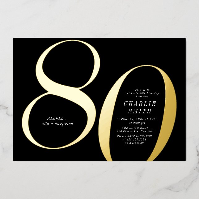 Modern minimalist black and gold 80th birthday (Front)