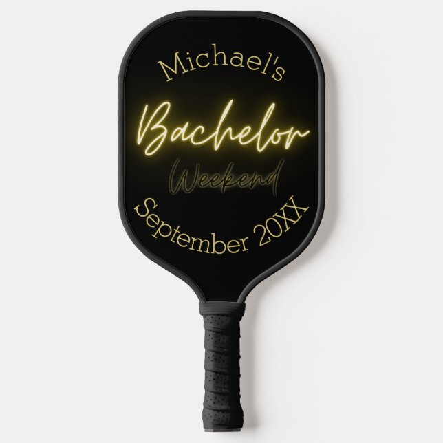 Modern Minimalist Black and Gold Bachelor Party Pickleball Paddle (Front)
